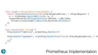 Prometheus Implementation
func wrap(h http.Handler) http.Handler {
return http.HandlerFunc(func(w http.ResponseWriter, r *http.Request) {
m := httpsnoop.CaptureMetrics(h, w, r)
requestDuration.WithLabelValues(r.Method, r.URL.Path,
strconv.Itoa(m.Code)).Observe(m.Duration.Seconds())
})
}
func server(addr string) {
http.Handle("/metrics", prometheus.Handler())
http.Handle("/greeter", wrap(http.HandlerFunc(func(w http.ResponseWriter, r *h
...
}))
}
 