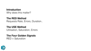 Introduction
Why does this matter?
The RED Method
Requests Rate, Errors, Duration..
The USE Method
Utilisation, Saturation, Errors
The Four Golden Signals
RED + Saturation
 