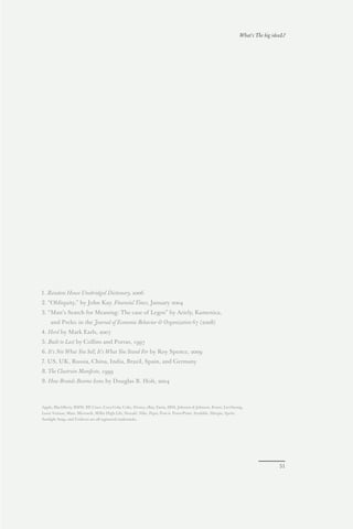 What’s The big ideaL?




1. Random House Unabridged Dictionary, 2006
2. “Obliquity,” by John Kay. Financial Times, January 2004
3. “Man’s Search for Meaning: The case of Legos” by Ariely, Kamenica,
     and Prelec in the Journal of Economic Behavior & Organization 67 (2008)
4. Herd by Mark Earls, 2007
5. Built to Last by Collins and Porras, 1997
6. It’s Not What You Sell, It’s What You Stand For by Roy Spence, 2009
7. US, UK, Russia, China, India, Brazil, Spain, and Germany
8. The Cluetrain Manifesto, 1999
9. How Brands Become Icons by Douglas B. Holt, 2004



Apple, BlackBerry, BMW, BP, Cisco, Coca-Cola, Coke, Disney, eBay, Fanta, IBM, Johnson & Johnson, Knorr, LiveStrong,
Louis Vuitton, Mars, Microsoft, Miller High Life, Nescafé, Nike, Pepsi, Post-it, PowerPoint, Scrabble, Sharpie, Sprite,
Sunlight Soap, and Unilever are all registered trademarks.




                                                                                                                                            51
 