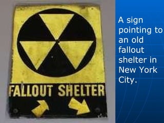 A sign pointing to an old fallout shelter in New York City.  