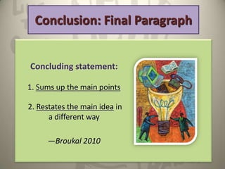 Conclusion: Final Paragraph


Concluding statement:

1. Sums up the main points

2. Restates the main idea in
      a different way

     —Broukal 2010
 