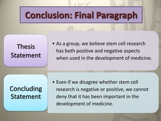 Conclusion: Final Paragraph

             • As a group, we believe stem cell research
  Thesis
               has both positive and negative aspects
Statement      when used in the development of medicine.



             • Even if we disagree whether stem cell
Concluding     research is negative or positive, we cannot
Statement      deny that it has been important in the
               development of medicine.
 