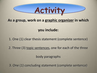 Activity
As a group, work on a graphic organizer in which

                    you include:

1. One (1) clear thesis statement (complete sentence)

2. Three (3) topic sentences, one for each of the three

                  body paragraphs

3. One (1) concluding statement (complete sentence)
 