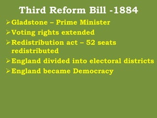 Third Reform Bill -1884
Gladstone – Prime Minister
Voting rights extended
Redistribution act – 52 seats
redistributed
England divided into electoral districts
England became Democracy
 