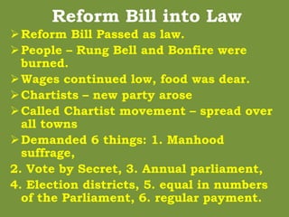 Reform Bill into Law
Reform Bill Passed as law.
People – Rung Bell and Bonfire were
burned.
Wages continued low, food was dear.
Chartists – new party arose
Called Chartist movement – spread over
all towns
Demanded 6 things: 1. Manhood
suffrage,
2. Vote by Secret, 3. Annual parliament,
4. Election districts, 5. equal in numbers
of the Parliament, 6. regular payment.
 