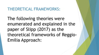 The following theories were
enumerated and explained in the
paper of Slipp (2017) as the
theoretical frameworks of Reggio-
Emilia Approach:
THEORETICAL FRAMEWORKS:
 