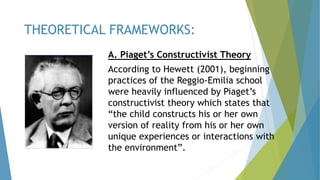 A. Piaget’s Constructivist Theory
According to Hewett (2001), beginning
practices of the Reggio-Emilia school
were heavily influenced by Piaget’s
constructivist theory which states that
“the child constructs his or her own
version of reality from his or her own
unique experiences or interactions with
the environment”.
THEORETICAL FRAMEWORKS:
 