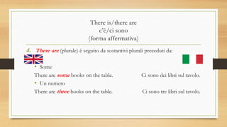 There is/there are
c’è/ci sono
(forma affermativa)
4. There are (plurale) è seguito da sostantivi plurali preceduti da:
• Some
There are some books on the table. Ci sono dei libri sul tavolo.
• Un numero
There are three books on the table. Ci sono tre libri sul tavolo.
 