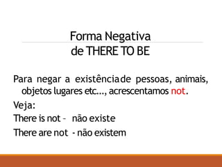 Forma Negativa
de THERE TO BE
Para negar a existênciade pessoas, animais,
objetos lugares etc...,acrescentamos not.
Veja:
There is not – não existe
There are not - não existem
 