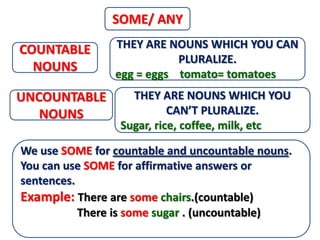 SOME/ ANY

COUNTABLE       THEY ARE NOUNS WHICH YOU CAN
                           PLURALIZE.
  NOUNS         egg = eggs tomato= tomatoes
UNCOUNTABLE        THEY ARE NOUNS WHICH YOU
   NOUNS                   CAN’T PLURALIZE.
                 Sugar, rice, coffee, milk, etc

We use SOME for countable and uncountable nouns.
You can use SOME for affirmative answers or
sentences.
Example: There are some chairs.(countable)
           There is some sugar . (uncountable)
 