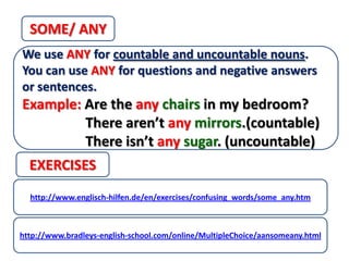 SOME/ ANY
We use ANY for countable and uncountable nouns.
You can use ANY for questions and negative answers
or sentences.
Example: Are the any chairs in my bedroom?
         There aren’t any mirrors.(countable)
         There isn’t any sugar. (uncountable)
  EXERCISES
  http://www.englisch-hilfen.de/en/exercises/confusing_words/some_any.htm



http://www.bradleys-english-school.com/online/MultipleChoice/aansomeany.html
 
