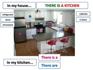 In my house...      THERE IS A KITCHEN

refrigerator                                  cabinets

   stove                                      2 chairs

microwave




                       There is a
    In my kitchen...
                       There are
 