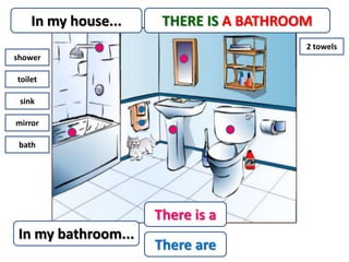 In my house...    THERE IS A BATHROOM
                                        2 towels
shower

toilet

 sink

mirror

 bath




                     There is a
 In my bathroom...
                     There are
 