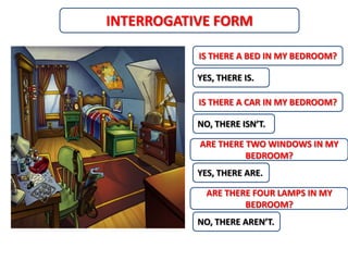 INTERROGATIVE FORM

           IS THERE A BED IN MY BEDROOM?

           YES, THERE IS.

           IS THERE A CAR IN MY BEDROOM?

           NO, THERE ISN’T.

           ARE THERE TWO WINDOWS IN MY
                     BEDROOM?
           YES, THERE ARE.

             ARE THERE FOUR LAMPS IN MY
                     BEDROOM?
           NO, THERE AREN’T.
 