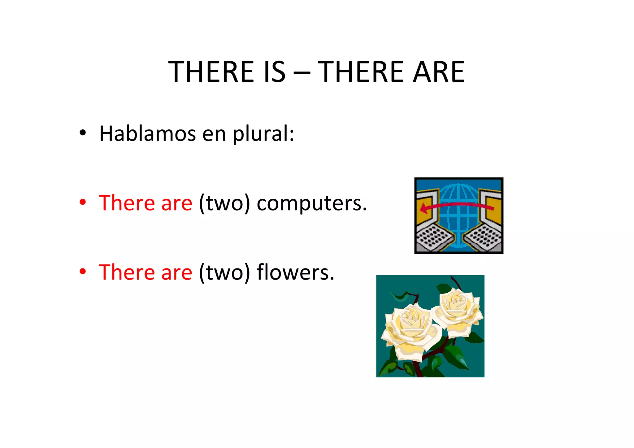 THERE IS – THERE ARE
• Hablamos en plural:

• There are (two) computers.

• There are (two) flowers.
 