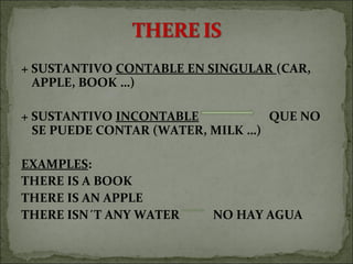 + SUSTANTIVO CONTABLE EN SINGULAR (CAR,
APPLE, BOOK …)
+ SUSTANTIVO INCONTABLE QUE NO
SE PUEDE CONTAR (WATER, MILK …)
EXAMPLES:
THERE IS A BOOK
THERE IS AN APPLE
THERE ISN´T ANY WATER NO HAY AGUA
 