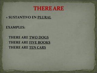 + SUSTANTIVO EN PLURAL
EXAMPLES:
- THERE ARE TWO DOGS
- THERE ARE FIVE BOOKS
- THERE ARE TEN CARS
 