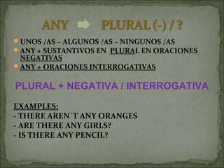UNOS /AS – ALGUNOS /AS – NINGUNOS /AS
ANY + SUSTANTIVOS EN PLURAL EN ORACIONES
NEGATIVAS
ANY + ORACIONES INTERROGATIVAS
PLURAL + NEGATIVA / INTERROGATIVA
EXAMPLES:
- THERE AREN´T ANY ORANGES
- ARE THERE ANY GIRLS?
- IS THERE ANY PENCIL?
 