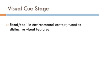 Visual Cue Stage
¨  Read/spell in environmental context, tuned to
distinctive visual features
 