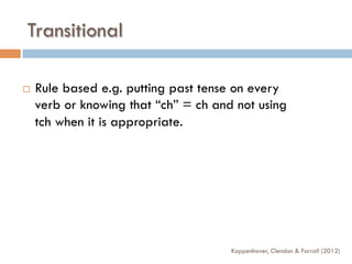 Transitional
¨  Rule based e.g. putting past tense on every
verb or knowing that “ch” = ch and not using
tch when it is appropriate.
Koppenhaver, Clendon & Farrall (2012)
 