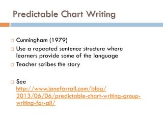 Predictable Chart Writing
¨  Cunningham (1979)
¨  Use a repeated sentence structure where
learners provide some of the language
¨  Teacher scribes the story
¨  See
http://www.janefarrall.com/blog/
2013/06/06/predictable-chart-writing-group-
writing-for-all/
 