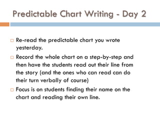 Predictable Chart Writing - Day 2
¨  Re-read the predictable chart you wrote
yesterday.
¨  Record the whole chart on a step-by-step and
then have the students read out their line from
the story (and the ones who can read can do
their turn verbally of course)
¨  Focus is on students finding their name on the
chart and reading their own line.
 