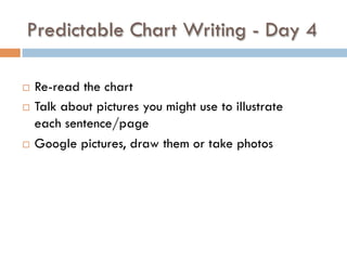 Predictable Chart Writing - Day 4
¨  Re-read the chart
¨  Talk about pictures you might use to illustrate
each sentence/page
¨  Google pictures, draw them or take photos
 