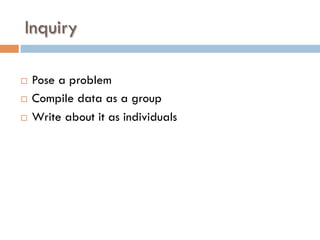 Inquiry
¨  Pose a problem
¨  Compile data as a group
¨  Write about it as individuals
 