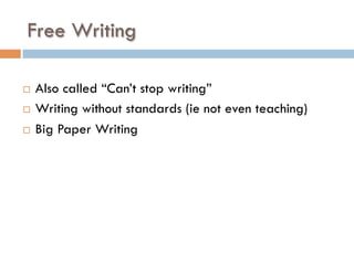 Free Writing
¨  Also called “Can’t stop writing”
¨  Writing without standards (ie not even teaching)
¨  Big Paper Writing
 