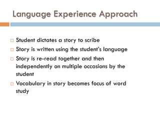 Language Experience Approach
¨  Student dictates a story to scribe
¨  Story is written using the student’s language
¨  Story is re-read together and then
independently on multiple occasions by the
student
¨  Vocabulary in story becomes focus of word
study
 