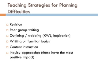 Teaching Strategies for Planning
Difficulties
¨  Revision
¨  Peer group writing
¨  Outlining / webbing (KWL, Inspiration)
¨  Writing on familiar topics
¨  Content instruction
¨  Inquiry approaches (these have the most
positive impact)
 