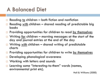A Balanced Diet
¨  Reading to children – both fiction and nonfiction
¨  Reading with children – shared reading of predictable big
books
¨  Providing opportunities for children to read by themselves
¨  Writing for children – morning messages at the start of the
day and journal entries at the end of the day
¨  Writing with children – shared writing of predictable
charts
¨  Providing opportunities for children to write by themselves
¨  Developing phonological awareness
¨  Working with letters and sounds
¨  Learning some “interesting-to-them” words (names,
environmental print etc).
Hall & Williams (2000)
 