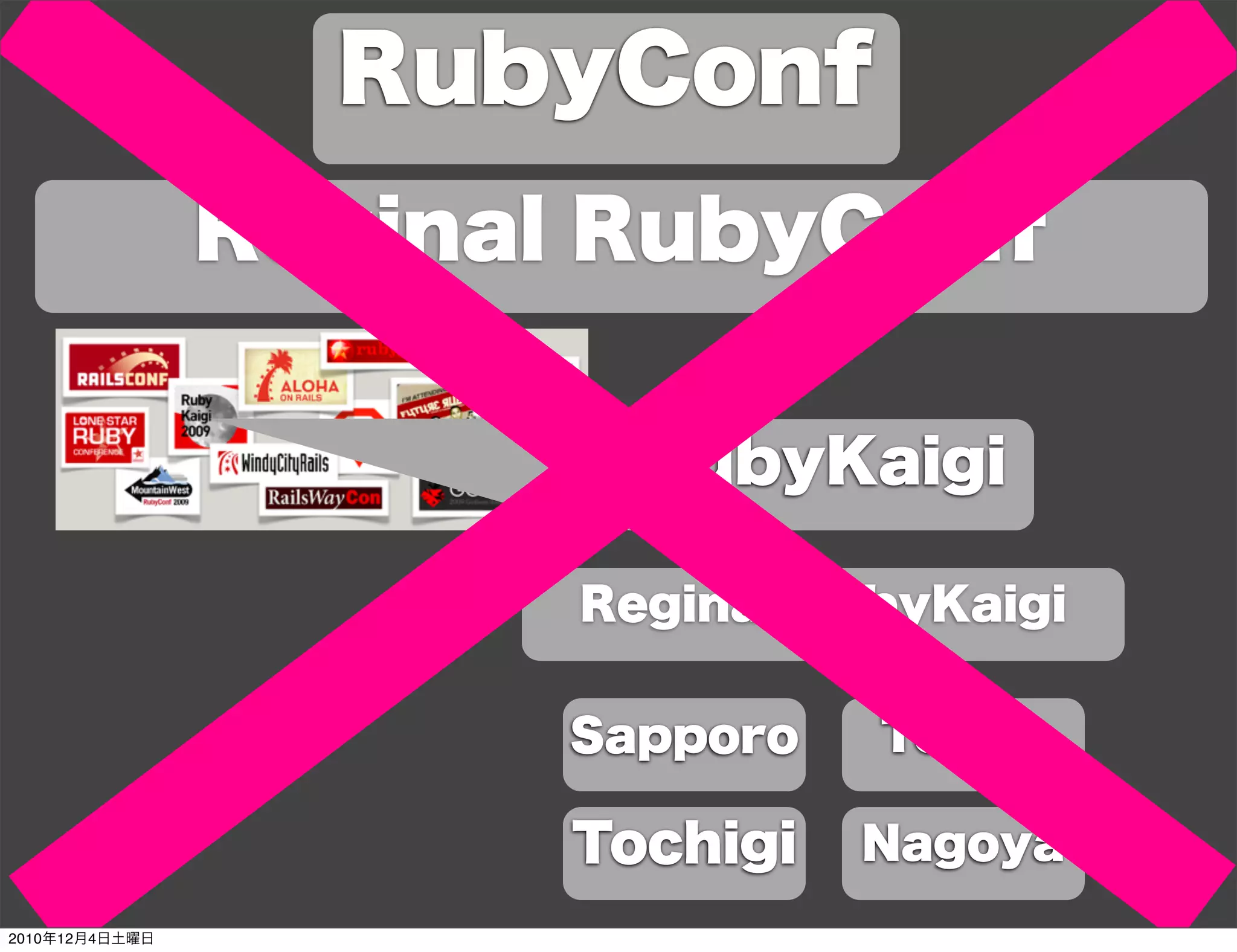 RubyConf
                Reginal RubyConf

                         RubyKaigi

                       Reginal RubyKaigi


                       Sapporo   Tokyo

                       Tochigi   Nagoya
2010年12月4日土曜日
 