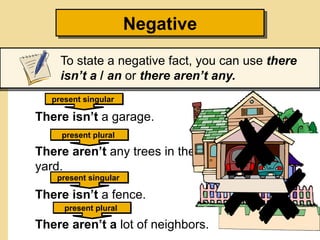 Negative
     To state a negative fact, you can use there
     isn’t a / an or there aren’t any.
   present singular

Ther...