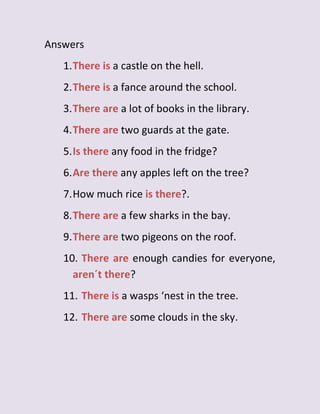 Answers
1.There is a castle on the hell.
2.There is a fance around the school.
3.There are a lot of books in the library.
4.There are two guards at the gate.
5.Is there any food in the fridge?
6.Are there any apples left on the tree?
7.How much rice is there?.
8.There are a few sharks in the bay.
9.There are two pigeons on the roof.
10. There are enough candies for everyone,
aren´t there?
11. There is a wasps ‘nest in the tree.
12. There are some clouds in the sky.
 