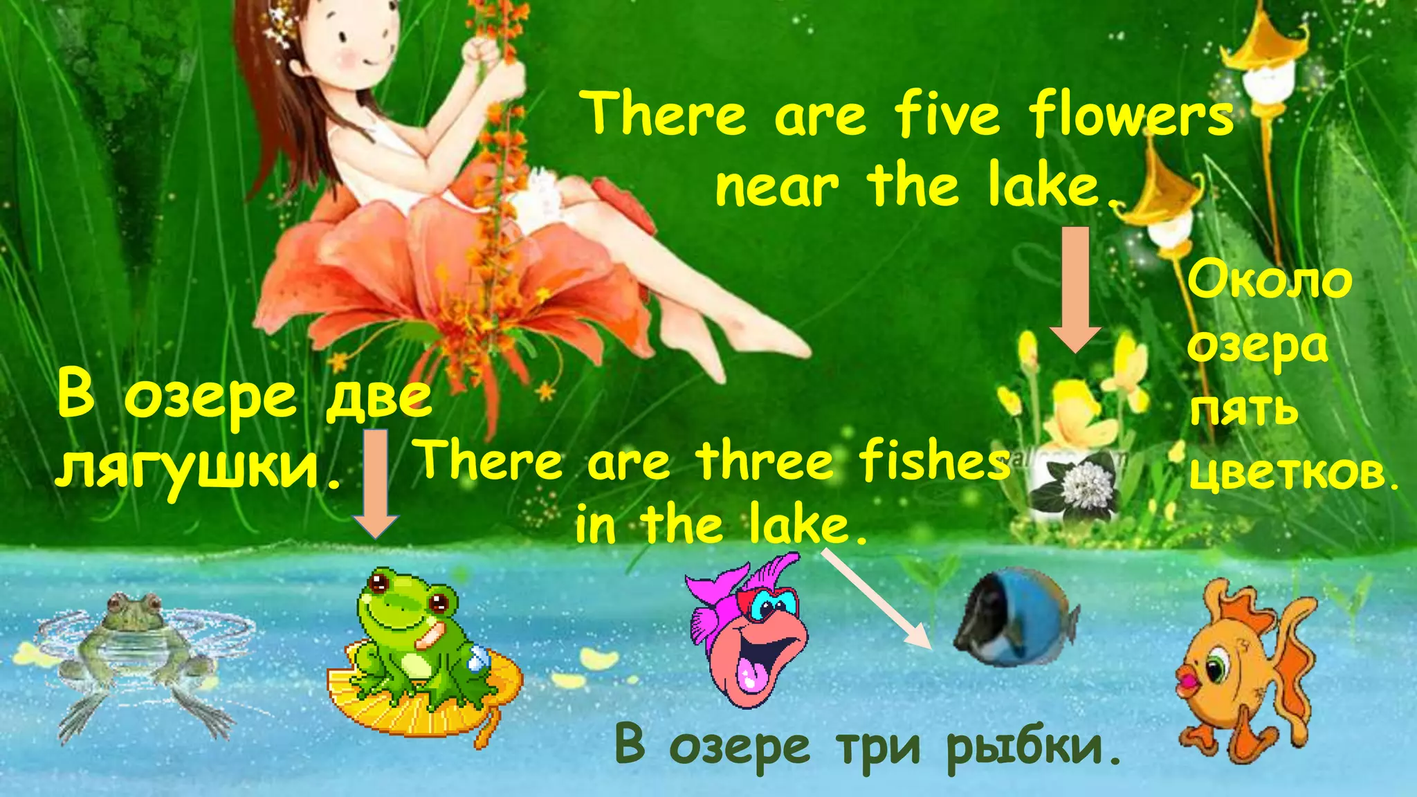 В озере две 
лягушки. 
There are five flowers 
near the lake. 
Около 
озера 
пять 
There are three fishes цветков. 
in the lake. 
В озере три рыбки. 
 