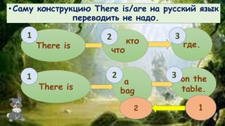 • Саму конструкцию There is/are на русский язык 
переводить не надо. 
There is 
2 3 
кто 
что 
где. 
There is 
a 
bag 
on the 
table. 
2 1 
1 
1 2 
3 
 