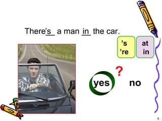 9 
There’_s_ a man __ the car. 
yes no 
in 
? 
5-4 Let’s Practice 
at 
in 
’s 
’re 
 