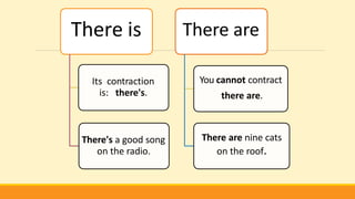 There is
Its contraction
is: there's.
There's a good song
on the radio.
There are
You cannot contract
there are.
There are nine cats
on the roof.
 