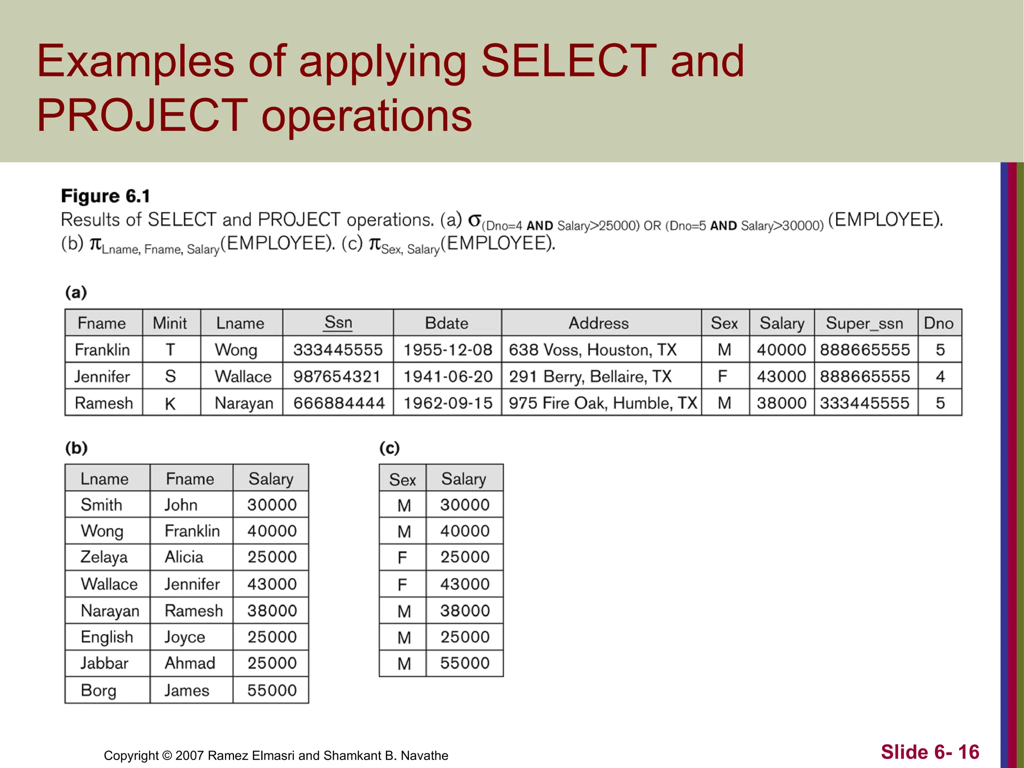 Slide 6- 16
Copyright © 2007 Ramez Elmasri and Shamkant B. Navathe
Examples of applying SELECT and
PROJECT operations
 