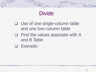 35
Divide
 Use of one single-column table
and one two-column table
 Find the values associate with A
and B Table
 Example:
 