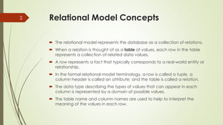 Relational Model Concepts
 The relational model represents the database as a collection of relations.
 When a relation is thought of as a table of values, each row in the table
represents a collection of related data values.
 A row represents a fact that typically corresponds to a real-world entity or
relationship.
 In the formal relational model terminology, a row is called a tuple, a
column header is called an attribute, and the table is called a relation.
 The data type describing the types of values that can appear in each
column is represented by a domain of possible values.
 The table name and column names are used to help to interpret the
meaning of the values in each row.
2
 