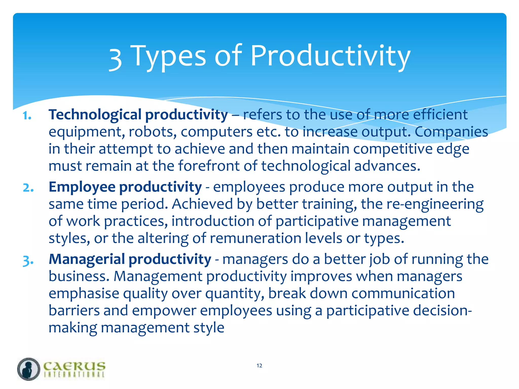 3 Types of Productivity
1.

Technological productivity – refers to the use of more efficient
equipment, robots, computers etc. to increase output. Companies
in their attempt to achieve and then maintain competitive edge
must remain at the forefront of technological advances.
2. Employee productivity - employees produce more output in the
same time period. Achieved by better training, the re-engineering
of work practices, introduction of participative management
styles, or the altering of remuneration levels or types.
3. Managerial productivity - managers do a better job of running the
business. Management productivity improves when managers
emphasise quality over quantity, break down communication
barriers and empower employees using a participative decisionmaking management style
12

 