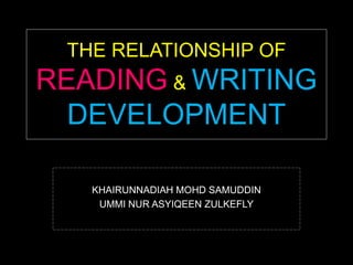 THE RELATIONSHIP OF
READING & WRITING
DEVELOPMENT
KHAIRUNNADIAH MOHD SAMUDDIN
UMMI NUR ASYIQEEN ZULKEFLY
 