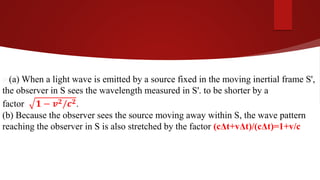 where 𝝀𝒔 is the wavelength in the frame of reference of the
source, and v is the relative velocity of the two
frames S and...