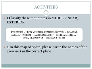 ACTIVITIES
 1.Classify these mountains in MIDDLE, NEAR,
EXTERIOR
 2.In this map of Spain, please, write the names of the
exercise 1 in the correct place
PYRENEES – LEON MOUNTS- CENTRAL SYSTEM – COASTAL
CATALAN SYSTEM – GALICIAN MASSIF – SIERRA MORENA –
BASQUE MOUNTS – IBERIAN SYSTEM
 