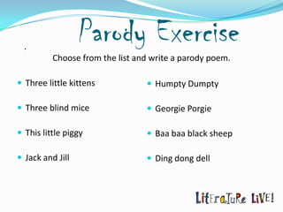 .
                  Parody Exercise
          Choose from the list and write a parody poem.

 Three little kittens            Humpty Dumpty

 Three blind mice                Georgie Porgie

 This little piggy               Baa baa black sheep

 Jack and Jill                   Ding dong dell
 