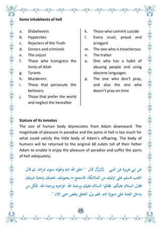 28
Some inhabitants of hell
a. Disbelievers
b. Hypocrites
c. Rejecters of the Truth
d. Sinners and criminals
e. The unjust
f. Those who transgress the
limits of Allah
g. Tyrants
h. Murderers
i. Those that persecute the
believers
j. Those that prefer the world
and neglect the hereafter
k. Those who commit suicide
l. Every cruel, proud and
arrogant
m. The one who is treacherous
n. The traitor
o. One who has a habit of
abusing people and using
obscene languages.
p. The one who don’t pray,
and also the one who
doesn’t pray on time
Stature of its inmates
The size of human body depreciates from Adam downward. The
magnitude of pleasure in paradise and the pains in hell is too much for
what could satisfy the little body of Adam’s offspring. The body of
humans will be returned to the original 60 cubits tall of their father
Adam to enable it enjoy the pleasure of paradise and suffer the pains
of hell adequately.
‫النبي‬ ‫عن‬ ‫ىريرة‬ ‫ابي‬ ‫عن‬‫ﷺ‬‫قال‬"‫قال‬ ‫ثم‬ ،‫ذراعا‬ ‫ستون‬ ‫وطولو‬ ‫ادم‬ ‫اا‬ ‫لق‬
‫ذريتك‬ ‫وتحية‬ ‫تحيتك‬ ،‫يحيونك‬ ‫ما‬ ‫فاستمع‬ ،‫الماليكة‬ ‫من‬ ‫اوليك‬ ‫على‬ ‫فسلم‬ ‫اذىب‬.
‫عليكم‬ ‫السالم‬ ‫فقال‬.‫اا‬ ‫ورحمة‬ ‫عليك‬ ‫السالم‬ ‫فقالوا‬.‫اا‬ ‫ورحمة‬ ‫فزادوه‬.‫من‬ ‫فك‬
‫االن‬ ‫حتى‬ ‫ينقص‬ ‫الخلق‬ ‫يزل‬ ‫فلم‬ ،‫ادم‬ ‫صورة‬ ‫على‬ ‫الجنة‬ ‫يد‬".
 