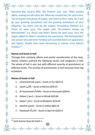 29
Narrated Abu Huraira (RA): The Prophet ‫ﷺ‬ said, "Allah created
Adam, making him 60 cubits tall. When He created him, He said to him,
"Go and greet that group of angels, and listen to their reply, for it will
be your greeting (salutation) and the greeting (salutations of your
offspring." So, Adam said (to the angels), As-Salaamu Alaykum (i.e.
Peace be upon you). The angels said, "As-salaamu Alayka wa
Rahmatullahi" (i.e. Peace and Allah's Mercy be upon you). Thus the
angels added to Adam's salutation the expression, 'Wa Rahmatullahi,'
Any person who will enter Paradise will resemble Adam (in appearance
and figure). People have been decreasing in stature since Adam's
creation.25
Names and levels in hell
Through their scholarly efforts and careful consideration of the texts,
Islamic scholars outlined the following names and categories in hell.
The whole of hell is one, but with different severity of punishment at
different levels. The severity of punishments in hell increases from top
to bottom.
Names of levels in hell
1. Jahannammah (‫جهنم‬) – Surat-ul-Tur Q52:13
2. Lazoh (‫ى‬َ‫ظ‬َ‫ل‬) – Surat-ul-Ma’arij Q70:15
3. Al-Hutommah (‫ُح‬ َ‫م‬َ‫ط‬‫ُح‬ ) – Surat-ul-Humazah Q104:4
4. Saheer (‫ِعيرًر‬‫ع‬َ‫س‬) – Surat-ul-Ahzab Q33:64
5. Sakorr (َ‫ر‬َ َ‫س‬) – Surat-ul-Mudathir Q74:20
6. Jaheem (‫ٍم‬‫ِعيم‬ َ‫ج‬) – Surat-ul-Infitar Q82:14
7. Haawiyah (‫ٌة‬ َ‫ي‬‫ِع‬‫او‬َ ) – Surat-ul-Qari’ah Q101:9
25
Sahih Bukhari Book 60 Hadith 1
 