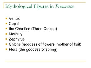 Mythological Figures in  Primavera Venus  Cupid  the Charities (Three Graces) Mercury Zephyrus Chloris (goddess of flowers, mother of fruit) Flora (the goddess of spring) 